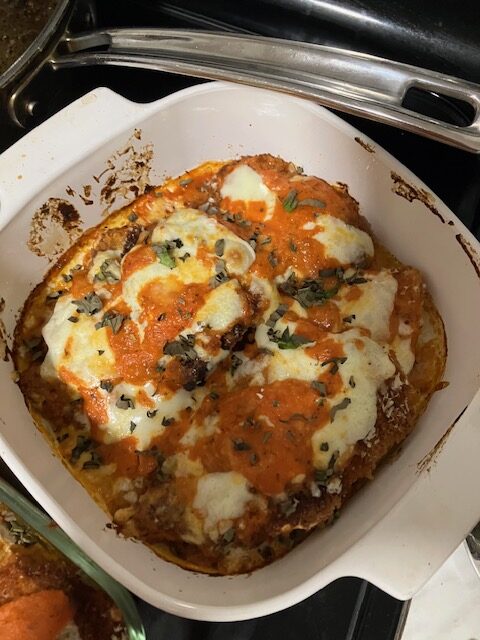  Chicken of the woods (Sulphur shelf, Laetiporus sulphureus) Parmesan in a pan.