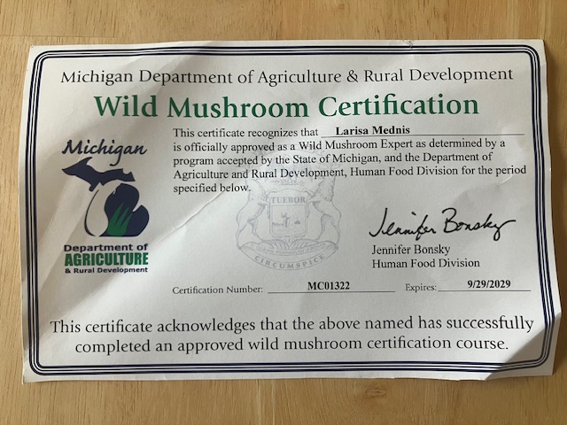 Larisa’s mushroom foraging certification from the State of Michigan.
