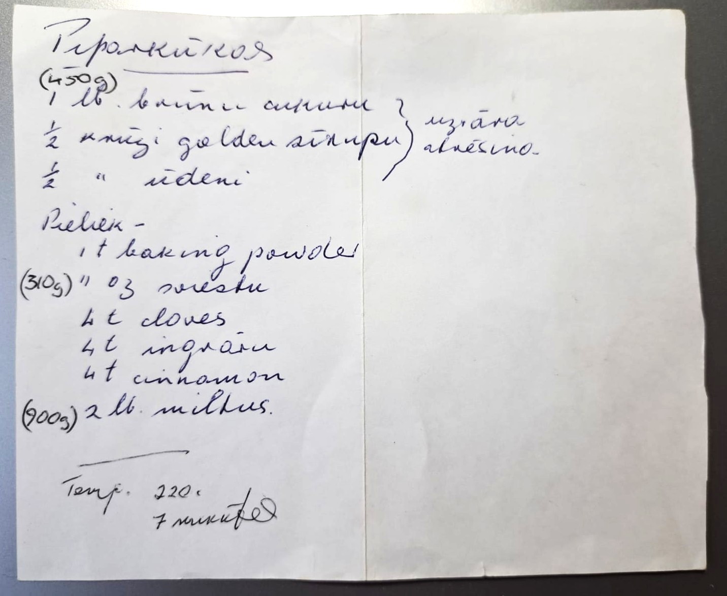 Māra’s mother Vita’s handwritten gingerbread cookie recipe. These gingerbread cookies turn out aromatic, dark brown, and very crunchy. 