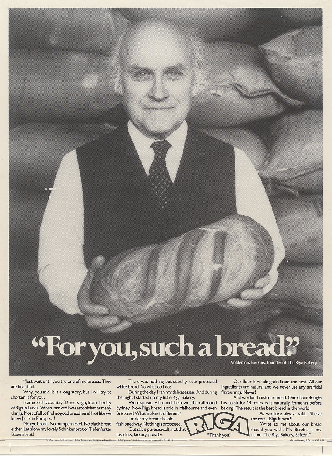Voldemārs Bērziņš advertising Riga bread around 1981. Photo by the Garland and Farwagi advertising agency.