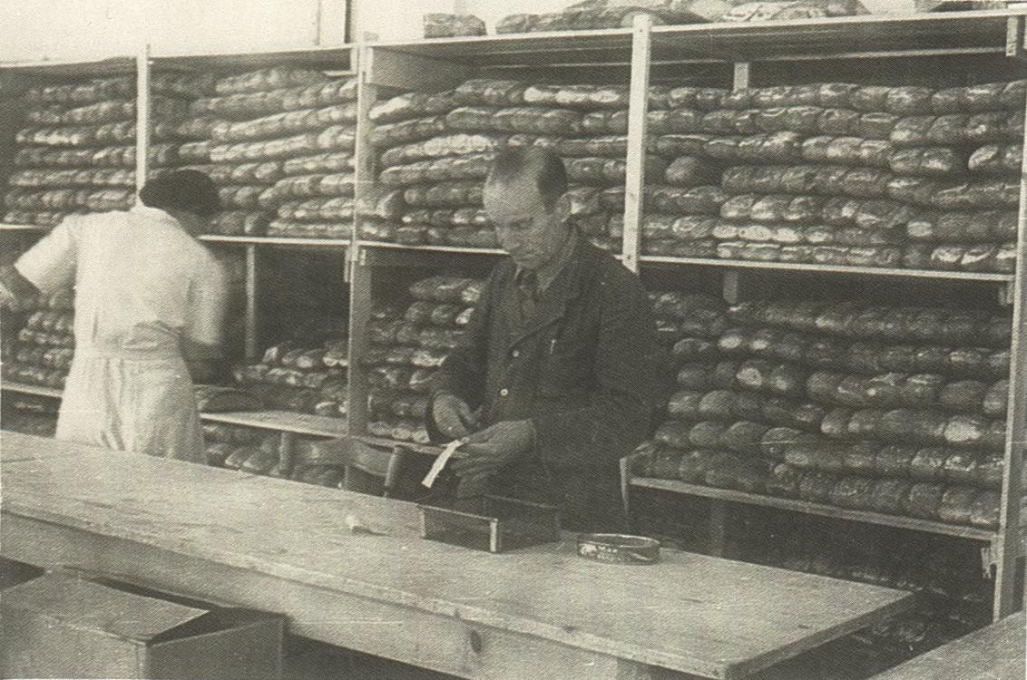 Bread loaf racks in the Esslingen displaced persons camp in Germany.