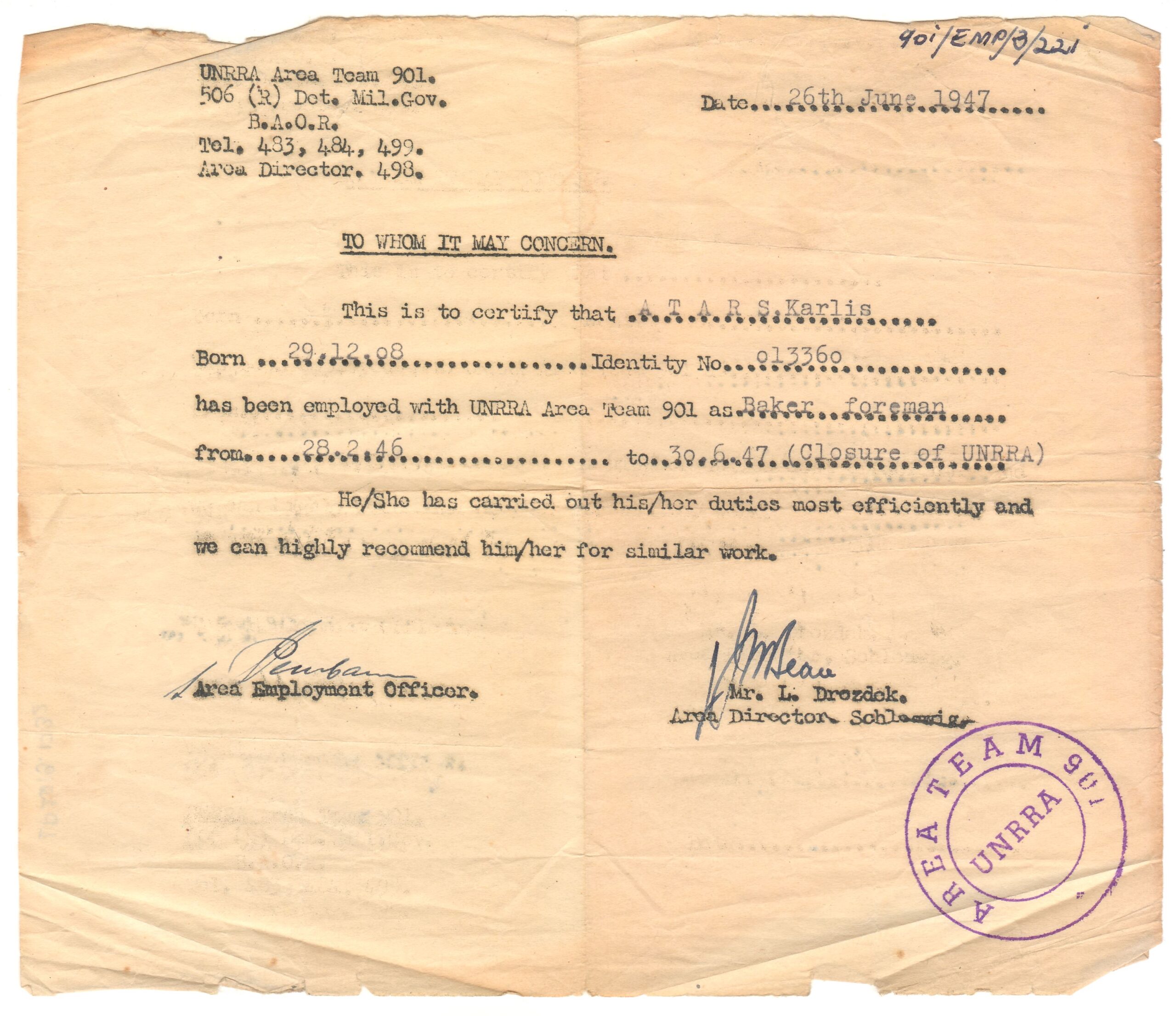 A letter confirming that Kārlis Atars worked at the UNRRA bakery as the head baker.