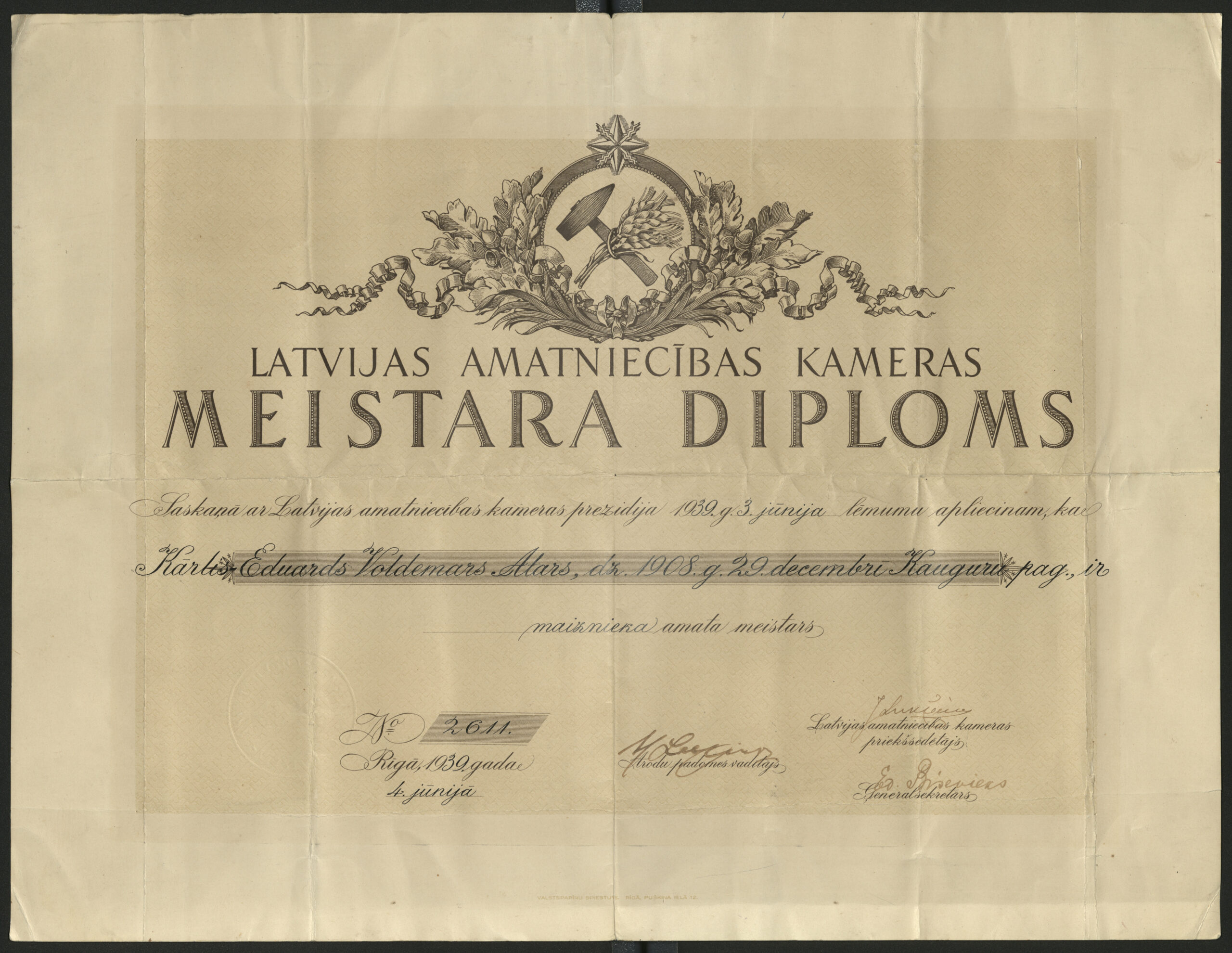 Master baker’s diploma of Kārlis Atars, issued in Riga in 1939.