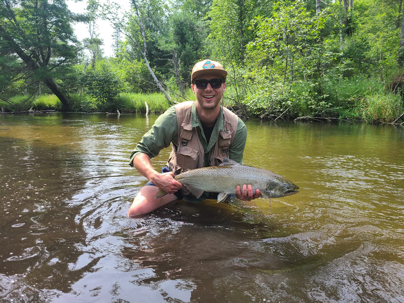 Kalvis Melbārdis ar ''king salmon'' Oncorhynchus tshawytscha, Little Manistee upe, Mičiganā, 2025. gadā.